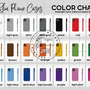 May include: Color chart showing different colors of slim phone cases for iPhone 15. The colors include white, light grey, grey, dark grey, black, red, dark red, light brown, brown, crusta, orange, yellow, green, dark green, turquoise, light blue, dark blue, light purple, purple, light pink, and pink.