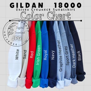 Sudadera de cuello redondo Gildan 18000, colores básicos, carta de colores cuadrada, descarga digital JPG, marca genérica