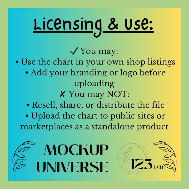 May include: A graphic with a gradient background, detailing licensing and usage terms. The text explains what is permitted and prohibited. The Mockup Universe logo and "123 LAB" are at the bottom.