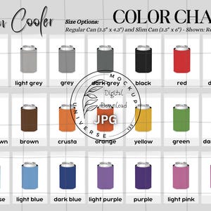 Puede incluir: Tabla de colores de enfriadores de latas en varios colores, incluyendo blanco, negro, rojo y verde. La tabla muestra las opciones de tamaño para latas regulares y delgadas. El texto en la imagen dice "Can Cooler" y "Color Chart".
