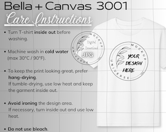 Bella + Canvas 3001 Care Instructions, Shirt Washing Guide, Tee Listing Chart, Rectangle Format, Digital Download JPG, T-shirt Mockup