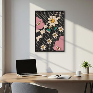 気まぐれな花の笑顔のアートプリント - チェッカーボードの階段を描いたレトロな漫画のポスター。クリエイティブなリビングルームやスタジオのための遊び心のあるシュールな装飾。