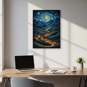 Sternenklare Bergdorf Poster, Wand Kunst Druck mit glühenden Nachthimmel, Malerische Straße, Leinwand für Eingang oder Flur
