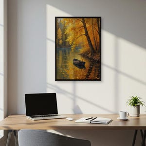 Herbst See Natur Wandkunst, ruhiges Ruderboot Poster Druck, Herbst Botanische Landschaft Dekor, ruhige Waldszene Geschenk für Naturliebhaber