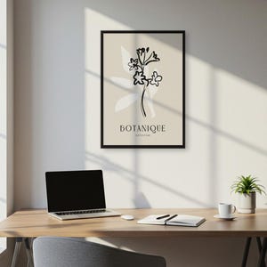 Impresión de flores con líneas botánicas en beige y negro. Elegante póster de pared minimalista para dormitorio o sala de estar. Decoración natural suave y neutra.