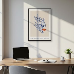Affiche d'art au trait pois de senteur, dessin minimal de fleurs botaniques en bleu et beige, impression d'art mural de chambre à coucher moderne avec élégance florale, art mural