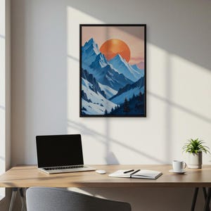 Arte mural con paisaje de montaña al atardecer, póster de naturaleza con picos azules y sol naranja, impresión inspirada en viajes serenos, decoración de los Alpes nevados, regalo para el hogar