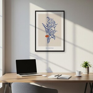 Affiche d'art au trait calla lily, impression botanique minimaliste en bleu et beige, décoration murale dessin de fleurs moderne pour chambre à coucher ou espace de détente