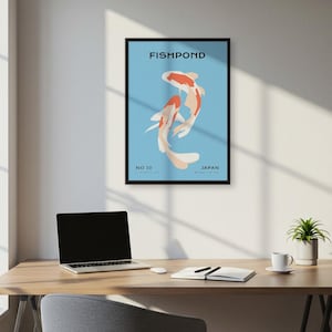Póster de pez koi japonés, impresión minimalista de arte mural de estanque, decoración de dormitorio zen serena, regalo de ilustración acuática moderna, decoración de pared moderna