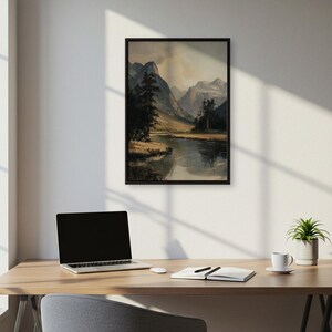 Mountain Lake Wall Art – Tranquil Landscape with Majestic Mountains and Calm Water Reflection for Serene Bedroom, Nature Living Room Decor