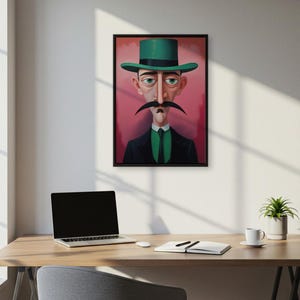 Arte de pared con retrato de hombre caprichoso, impresión de caballero de dibujos animados divertidos con sombrero verde, póster de personaje atrevido, obra de arte peculiar con bigote para dormitorio