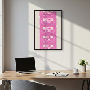 Vintage Kinokarten-Wandkunst - Pink Admit One Kinokarten-Poster, Retro-Filmabend-Dekor für Eingangsbereich, Studentenwohnheim oder Heimkinowand