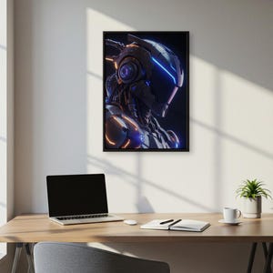 Cyberpunk Robot Wall Art, Futuristic Warrior Print, Neon Sci-Fi Abstract Poster, Tech-Inspired Digital Art for Modern Living Room or Studio