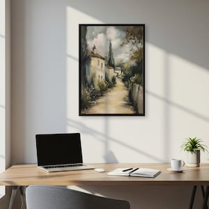 Countryside Lane Wandkunst - Friedlicher Dorfweg mit rustikalen Häusern und Bäumen für gemütlichen Eingang, Bauernhausdekor oder ruhiges Wohnzimmer
