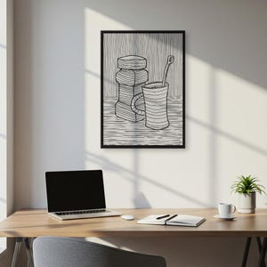 Line Art Küche Stillleben Print, Schwarzweiß Abstrakte Tasse & Glas Poster für Moderne Haus oder Café Wanddekoration, Minimal Ink Stil Zeichnung