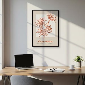 Impressão de mercado de flores em terracota, arte de parede minimalista com desenho botânico, decoração boho moderna para quarto, pôster floral em tons neutros de terra