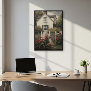 Lámina de pared con jardín de cabaña: Casa blanca con rosas rojas y valla de madera para una cocina acogedora, regalo para amantes de las flores o decoración rústica vintage.