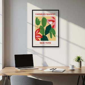 Bunter Kaktus Wand-Kunstdruck, modernes botanisches Poster mit Farmers Market New York Text, lebendige grüne Pflanzendekoration für Boho-Wohnzimmer