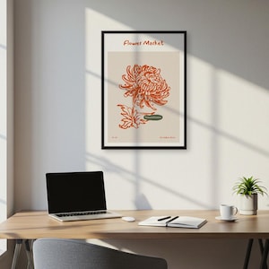 Affiche d'art au trait chrysanthème, impression minimale du marché aux fleurs, décoration murale botanique moderne pour chambre ou studio, illustration florale orange