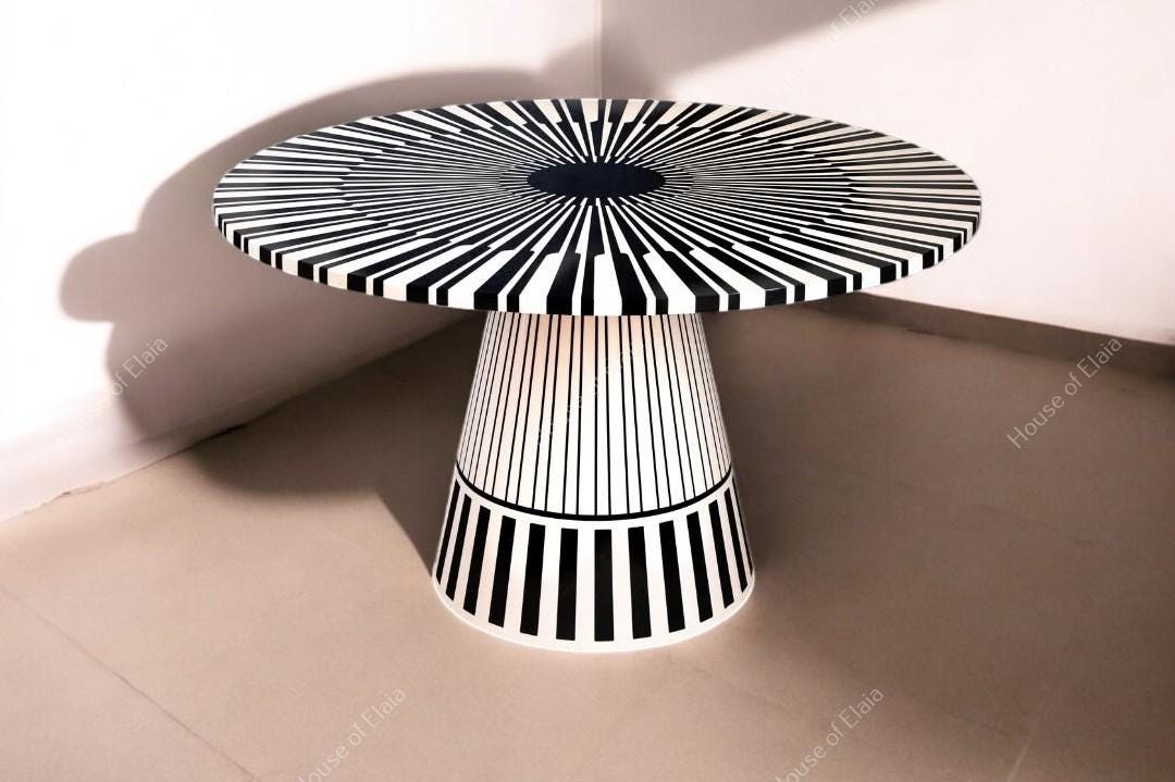 Round Resin Inlay Dining Table: Glossy Black and White Pedestal - Etsy