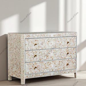 Mother of Pearl Inlay Dresser | 3-Drawer Floral Chest with Brass Knobs | Handmade White Cabinet | Boho Bedroom Furniture from India