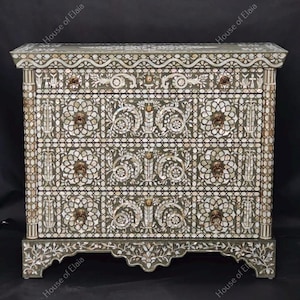 Real Mother of Pearl Inlay Chest of Drawers / Handcrafted Floral Bone Inlay Dresser / Luxury Vintage Storage Cabinet / high-end interior