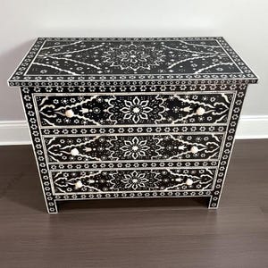 Black Bone Inlay Dresser | Handmade Floral Pattern 3-Drawer Chest | Ethnic Indian Storage Cabinet | Artisan Bedroom Furniture