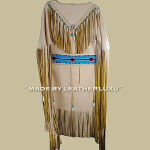 Women&#39;s Tan Leather Long Fringes Handmade Beaded Wedding Dress Powwow Regalia, Powwow Wedding Dress