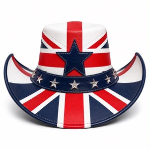 May include: A cowboy hat featuring a red, white, and blue Union Jack flag pattern. The hat includes a dark blue band adorned with multiple silver-toned metal star studs and a large, centered dark blue star on the front of the crown.
