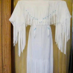 Women&#39;s Handmade White Leather Long Fringes Blue Belt Wedding Dress Powwow Regalia