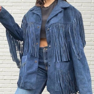 Handmade Suede Fringe Western Jacket: Beaded Aztec Design