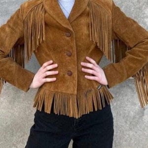 Giacca in pelle scamosciata con frange da donna, giacca vintage western con frange, giacca in pelle da donna, vera pelle scamosciata, giacca western, regali per lei