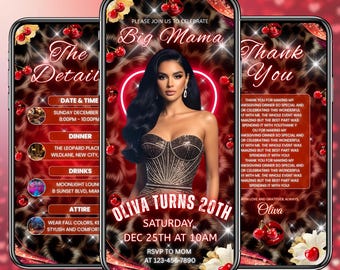 Invitación de cumpleaños con estampado de guepardo "Big Mama" para una noche de chicas con cerezas, editable, para cena, bebidas y fiesta glamurosa. Descarga digital.