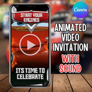 Puede incluir: Un smartphone muestra una invitación de video animada con sonido. La invitación presenta un coche de carreras rojo con el texto "Start Your Engines" y "It's Time to Celebrate". El fondo incluye el texto "Animated Video Invitation With Sound."