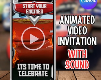 Invito video di Saetta McQueen, invito video di compleanno modificabile di Saetta McQueen, invito digitale per festa a tema Cars, invito animato per dispositivi mobili a tema Cars