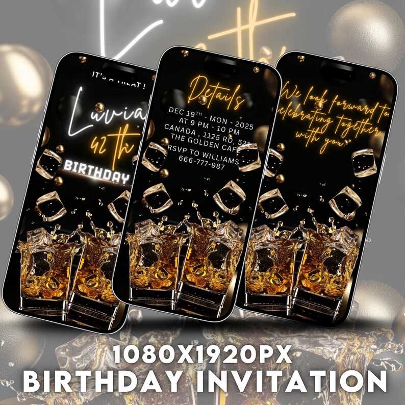 Whiskey & Cigar Themed Birthday Invitation - Surprise Male Birthday Party Invites (30th, 40th, 50th, 60th), Aged Perfection Invite - Canva Editable

30th 40th 50th 60th birthday, aged to perfection, invitation for men, mature male birthday, men's birthday, phone invitation, surprise birthday, whiskey cigar invite, whiskey invitation, whiskey theme invite