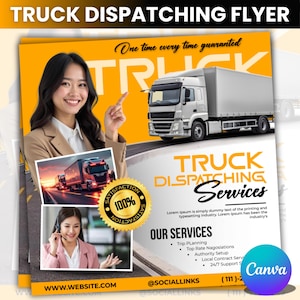 Puede incluir: Un folleto con el texto "TRUCK DISPATCHING FLYER" y "TRUCK DISPATCHING Services". El folleto presenta a una mujer señalando, imágenes de camiones y un sello "100% Satisfaction". El folleto también incluye información del sitio web y redes sociales.