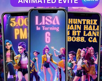 May include: Three smartphones displaying animated birthday party invitations. The invitations feature stylized illustrations of female characters. The text on the invitations includes "ANIMATED EVITE", "LISA Is Turning 6", and event details.