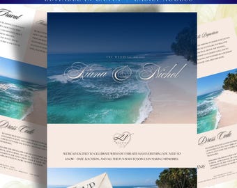 May include: A wedding website template with a beach scene background. The text "WEDDING WEBSITE" is at the top, with "EDITABLE IN CANVA | EASILY ACCESS" below it. The names "Kiana & Nichol" are displayed in elegant script. Additional sections include "Travel", "Dress Code", and "RSVP".
