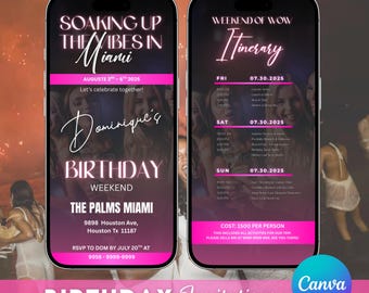 Miami Birthday Itinerary Invitation: Animated Girls Trip (Canva Editable)