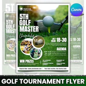 May include: A promotional flyer for the 5th Golf Master Championship. The design features a golf ball on a tee, golf clubs, and event details. Includes the dates July 18-30, 2030, and information about prizes and the agenda.