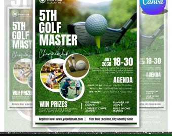 May include: A promotional flyer for the 5th Golf Master Championship. The design features a golf ball on a tee, golf clubs, and event details. Includes the dates July 18-30, 2030, and information about prizes and the agenda.