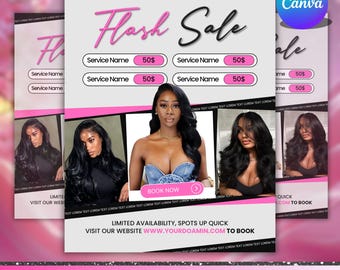 May include: A promotional flyer with a pink and black design, advertising a flash sale. The flyer features the text "Flash Sale" in a stylized font, service details, and images of women with long hair. The website address is visible.