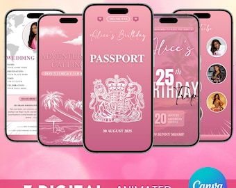 Digitale Geburtstagswochenendeeinladung, animierter Reiseplan, Mädchen Reise Urlaubsplaner Planer Vorlage, Miami einladen, Canva bearbeitbar