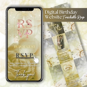May include: A smartphone shows a digital birthday invitation with RSVP details. The design includes floral accents, the text "RSVP," and the date "18 August." Additional text includes "Digital Birthday Website Trackable Rsvp" and "Thank you!"