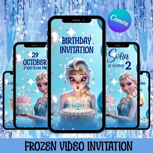 以下が含まれることがあります： アナと雪の女王をテーマにしたデジタル招待状。デザインにはエルサの画像、バースデーケーキ、そして「誕生日招待状」と「ソフィアは2歳」というテキストが含まれています。背景は、雪の結晶と風船のある水色です。