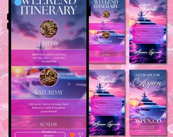 Itinerario animado de viaje de chicas, plantilla digital, invitación de viaje, itinerario para fiesta de fin de semana de cumpleaños, horario digital, editable en Canva