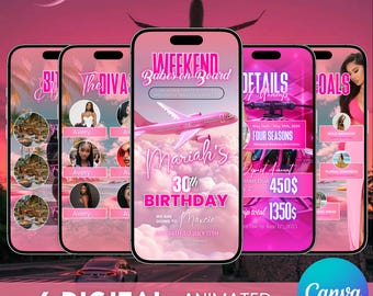 Itinerario animato per viaggi tra ragazze, modello digitale, invito per itinerario di viaggio, itinerario per feste di compleanno e weekend, programma digitale, modificabile con Canva