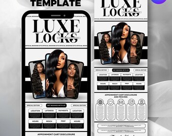 May include: A black and white digital template for a hair salon, featuring the text "LUXE LOCKS" and images of women with long, dark hair. The template includes sections for booking, pricing, and contact information.