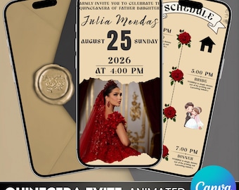 Floral Quinceañera Invitation: Animated Sweet 16 Invite, Editable Canva Template (Digital Download